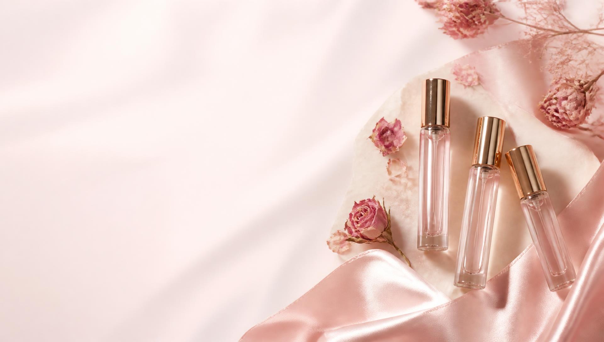 Decants de perfume do Clube New.C sobre cetim rosé com rosas secas